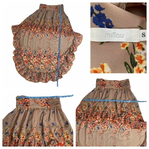 MILLAU Tan Multicolored Floral Print High Low Asymmetrical Ruffled Skirt - Picture 12 of 14